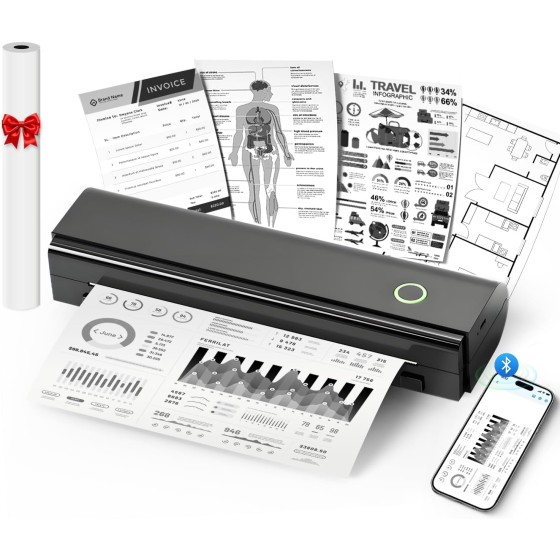 Portable Printers Wireless for Travel, N80 Wireless Thermal Printer Bluetooth Inkless Printer Support 8.5" X 11" US Letter & A4 Size, Compatible with iOS, Android, Laptop for Office, Home, Car, Black