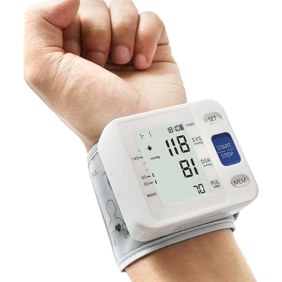 Wrist Accurate Automatic High Blood Pressure Monitors Portable LCD Screen with Storage Case and Adjustable Cuff Powered by Battery - White